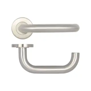 JSS202 Frelan Hardware Orbit 19mm Door Handles on 8mm Sprung Rose Grade 201 Satin Stainless Steel