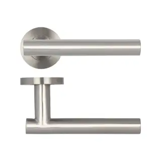 JSS214 Frelan Hardware Atlanta 19mm Door Handles on 8mm Sprung Rose Grade 201 Satin Stainless Steel