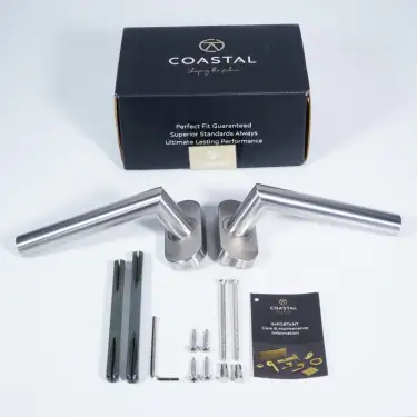 Click Here To Enlarge This Photo Of BLU Performance Centrix Angled Mitred Lever on Oval Rose&comma; Dual Sprung&comma; 316 Satin Stainless Steel &lpar;AML085-SSS&rpar;