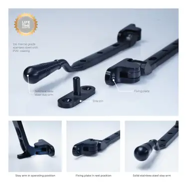Click Here To Enlarge This Photo Of BLU Performance 11" &lpar;279mm&rpar; Opera Casement Window Stay&comma; 316 Stainless Steel in a PVD Satin Black Finish &lpar;TBH300-11-PBK&rpar;