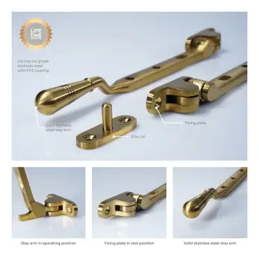 Click Here To Enlarge This Photo Of BLU Performance 8" &lpar;203mm&rpar; Opera Casement Window Stay&comma; 316 Stainless Steel in a PVD Satin Brass Finish Finish &lpar;TBH300-8-PSB&rpar;