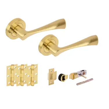 Click Here To Enlarge This Photo Of H2846SB - Hunta 'Zena' Satin Brass Privacy Bullet Latch Doorpack with 3" Ball Bearing Hinges &lpar;57mm Backset&rpar;