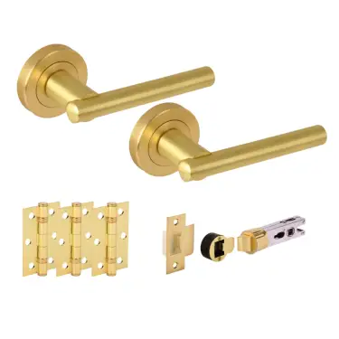 Click Here To Enlarge This Photo Of H2889SB - Hunta 'Solus' Satin Brass Passage Bullet Latch Doorpack with 3" Ball Bearing Hinges &lpar;57mm Backset&rpar;