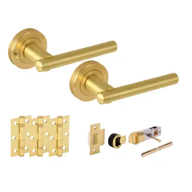 Click Here To Enlarge This Photo Of H2890SB - Hunta 'Solus' Satin Brass Privacy Bullet Latch Doorpack with 3" Ball Bearing Hinges &lpar;57mm Backset&rpar;