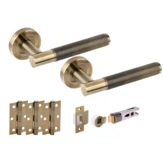 H2892ABR - Hunta 'Evo' Knurled Antique Bronze Passage Bullet Latch Doorpack with 3" Ball Bearing Hinges &lpar;57mm Backset&rpar;