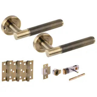 H2893ABR - Hunta 'Evo' Knurled Antique Bronze Privacy Bullet Latch Doorpack with 3" Ball Bearing Hinges &lpar;57mm Backset&rpar;