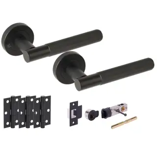 H2896BM - Hunta 'Vida' Linear Matt Black Privacy Bullet Latch Doorpack with 3" Ball Bearing Hinges &lpar;57mm Backset&rpar;