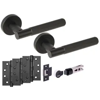 H2897BM - Hunta 'Vida' Linear Matt Black Passage Bullet Latch Doorpack with 4" Fire Door Ball Bearing Hinges &lpar;57mm Backset&rpar;
