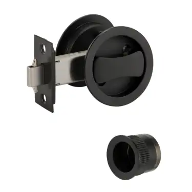 Click Here To Enlarge This Photo Of H1511BM - Hunta Matt Black Round Sliding Privacy Door Lock Kit c&sol;w Flush Pulls and Hook Lock