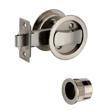 Click Here To Enlarge This Photo Of H1511SNP - Hunta Satin Nickel Round Sliding Privacy Door Lock Kit c&sol;w Flush Pulls and Hook Lock