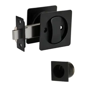 Click Here To Enlarge This Photo Of H1512BM - Hunta Matt Black Square Sliding Privacy Door Lock Kit c&sol;w Flush Pulls and Hook Lock