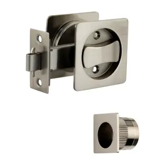 H1512SNP - Hunta Satin Nickel Square Sliding Privacy Door Lock Kit c&sol;w Flush Pulls and Hook Lock