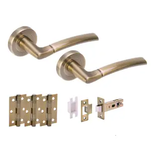 H2847ABR - Hunta 'Nemo' Antique Brass Passage Premium Latch Doorpack with 3" Ball Bearing Hinges &lpar;57mm Backset&rpar;