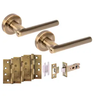 H6103ABR - Hunta 'Solus' Antique Brass Passage Premium Latch Doorpack with 4" Fire Door Ball Bearing Hinges &lpar;57mm Backset&rpar;