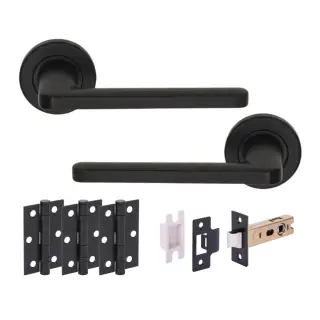 H6115BM - Hunta 'Elio' Matt Black Passage Premium Latch Doorpack with 3" Ball Bearing Hinges &lpar;57mm Backset&rpar;
