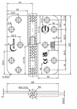 Click Here To Enlarge This Photo Of Eclipse 14351 Grade 13 Satin Stainless Steel Lift Off Radius Corner Hinges 102mm x 88mm x 3mm &lpar;Left Hand&rpar;