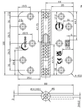 Click Here To Enlarge This Photo Of Eclipse 14352BLK Grade 13 Matt Black &lpar;Stainless Steel&rpar; Lift Off Radius Corner Hinges 102mm x 88mm x 3mm &lpar;Right Hand&rpar;