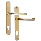 L18430 - Fab & Fix Polished Brass Espagnolette Handles - 92mm Centres - 211mm Screw Centres - 243mm Backplate