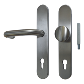 L25874 - GU Satin Stainless Steel Espagnolette Handles - 72mm Centres - 215mm Screw Centres - 250mm Backplate