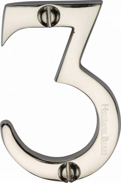 Click Here To Enlarge This Photo Of C1567 3-PNF Heritage Brass Numeral 3 Face Fix 51mm (2") Polished Nickel Finish
